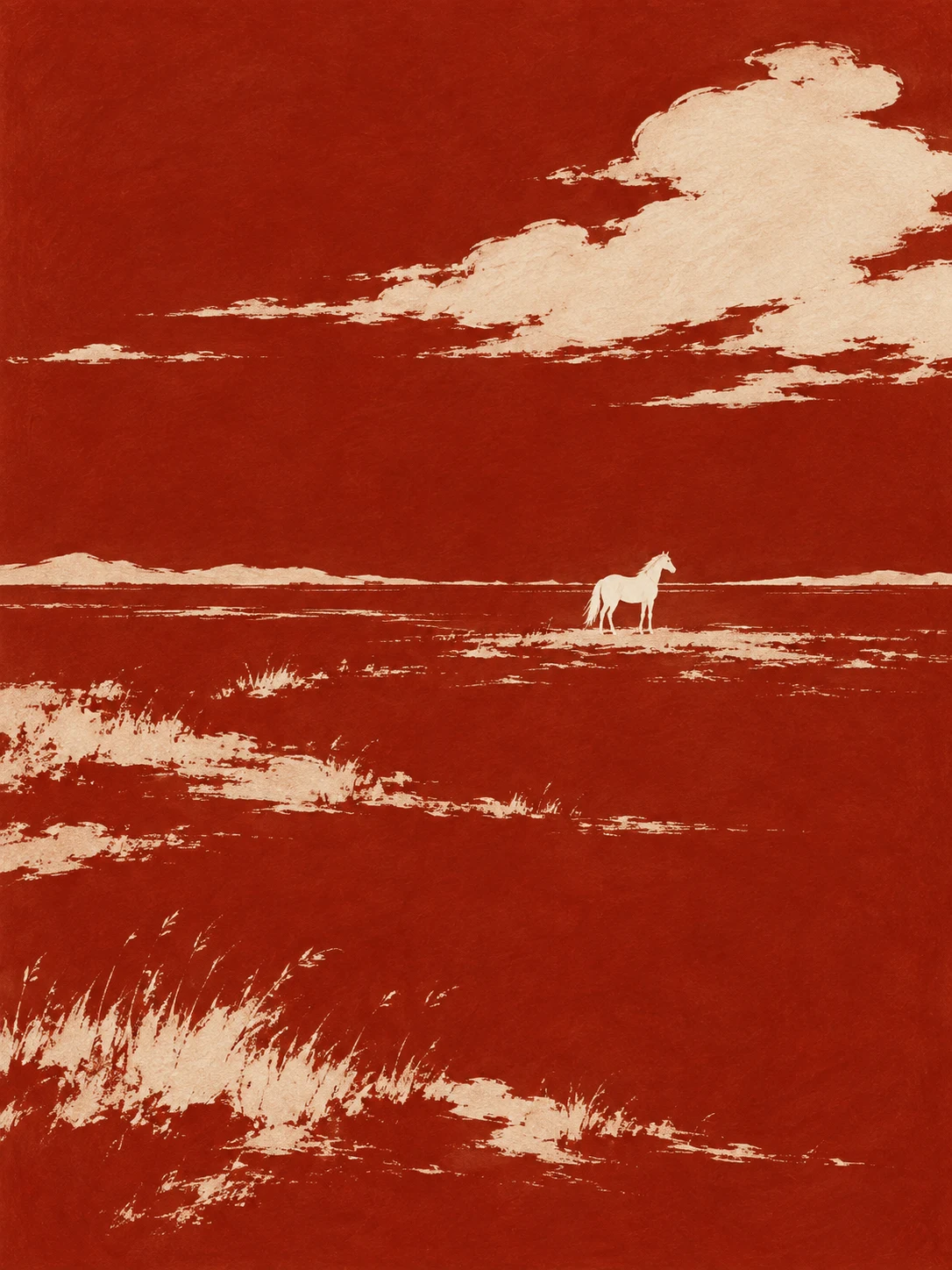 A single white horse standing small on a vast field in rust, stone, terracotta; portrait artwork.