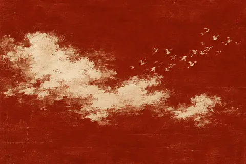 A flock of starlings as a soft cloud in rust, sand, terracotta; landscape artwork.