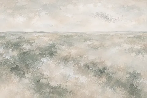A flock of starlings as a soft cloud in cream, stone, gray; landscape artwork.