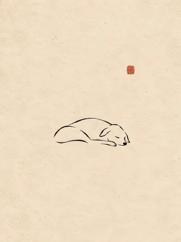 A sleeping dog drawn in a few lines in cream; portrait artwork.
