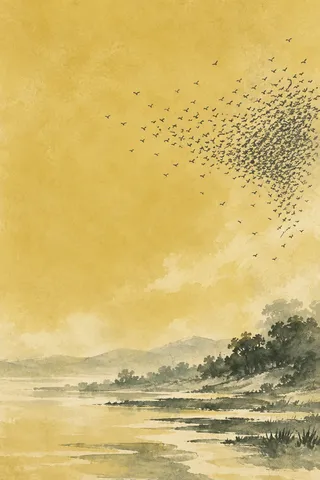 A flock of starlings as a soft cloud in yellow, cream, sand, taupe; portrait artwork.