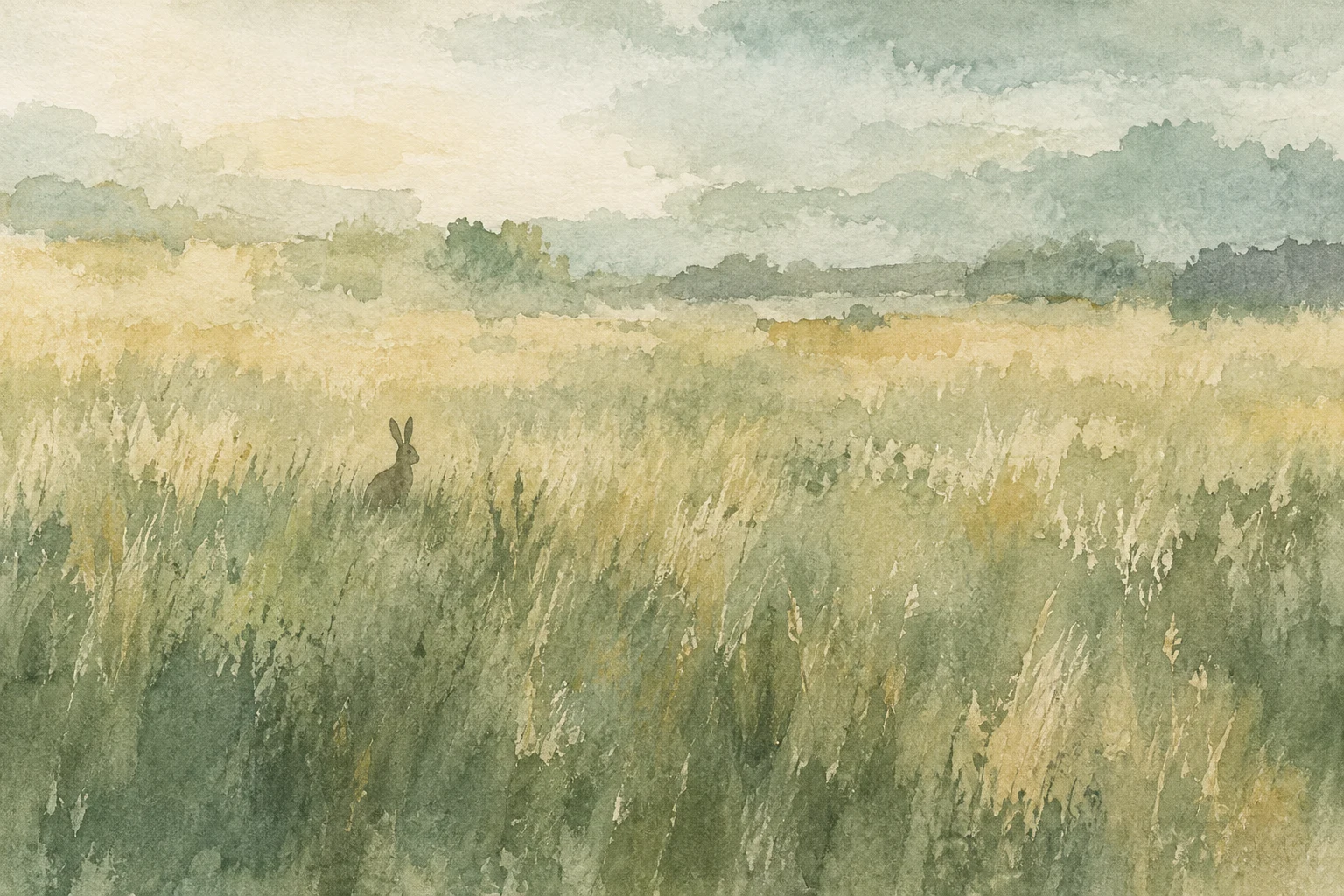 A hare sitting in tall grass in cream, sage, stone, sand; landscape artwork.