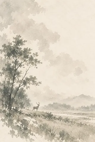 A lone deer at the far edge of a meadow in cream, stone, white, gray; portrait artwork.