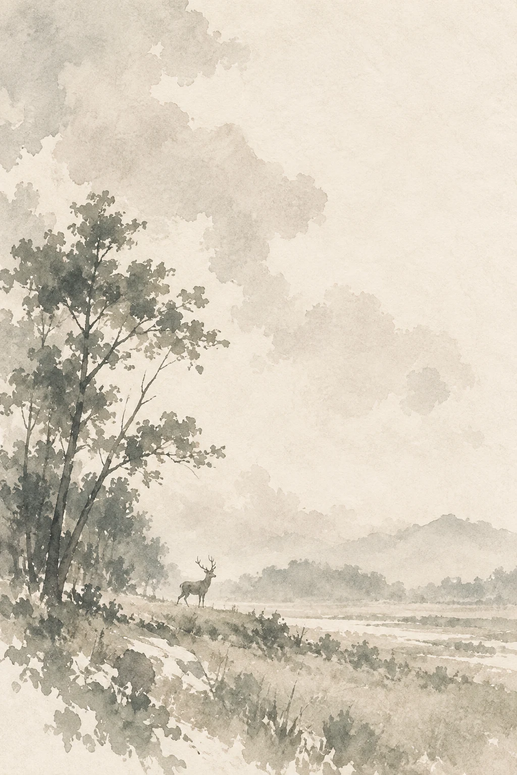 A lone deer at the far edge of a meadow in cream, stone, white, gray; portrait artwork.