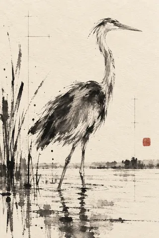 A heron standing in shallow water in cream, gray, stone, charcoal; portrait artwork.