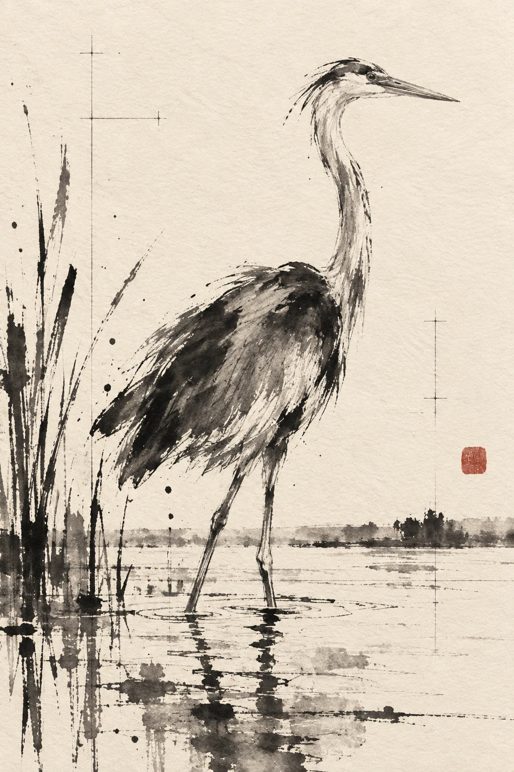 A heron standing in shallow water in cream, gray, stone, charcoal; portrait artwork.