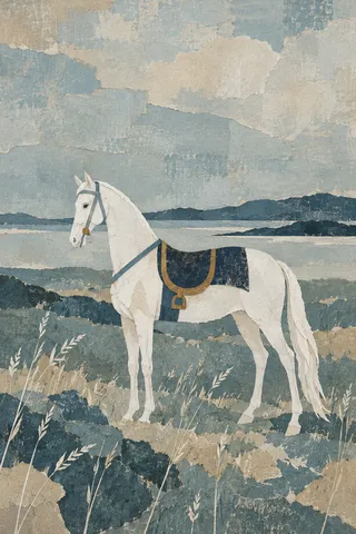 A single white horse standing small on a vast field in stone, gray, cream, green; portrait artwork.