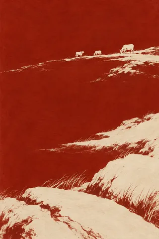 Three cows far away on a hillside in rust, cream, sand; portrait artwork.