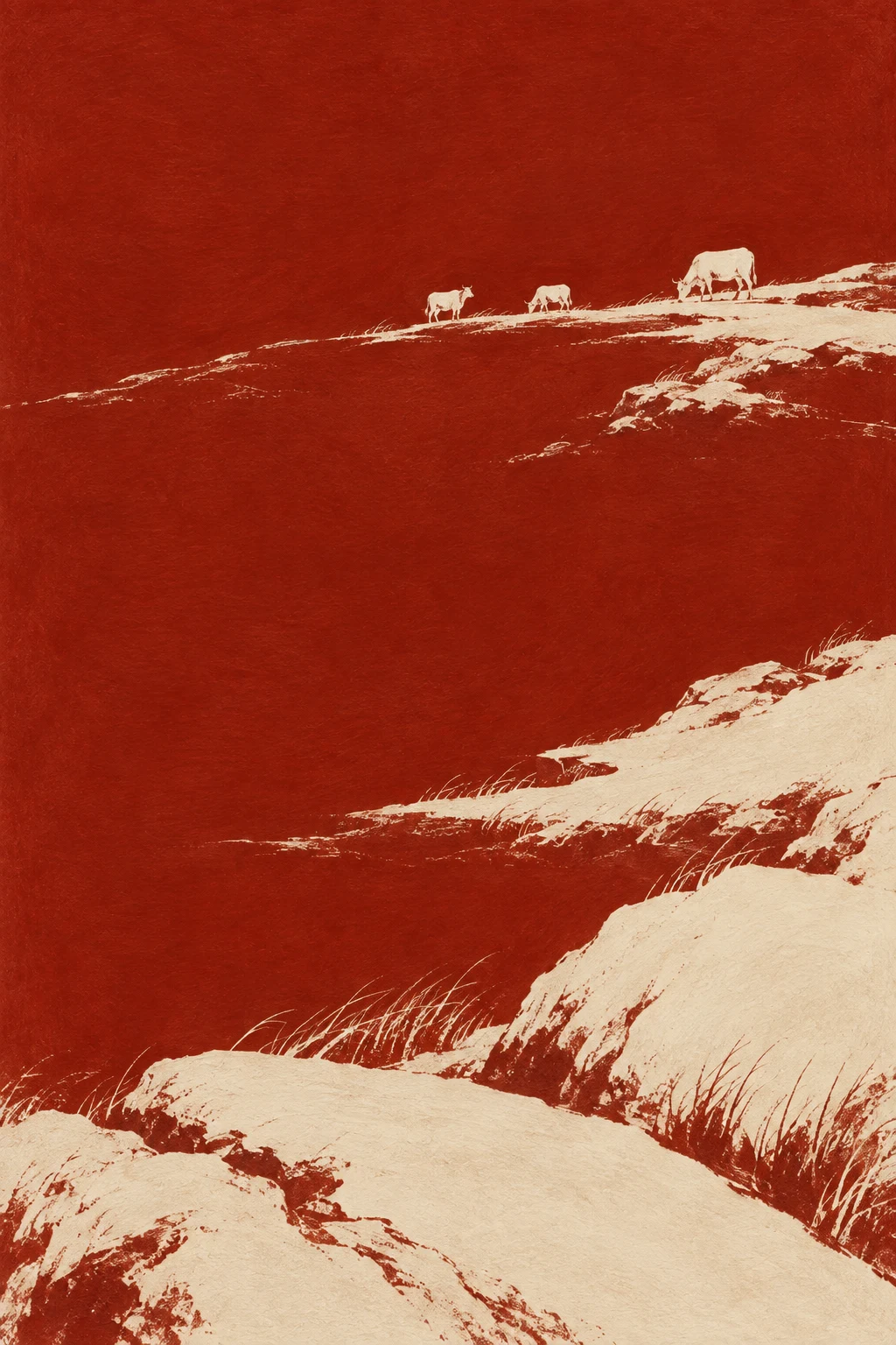 Three cows far away on a hillside in rust, cream, sand; portrait artwork.