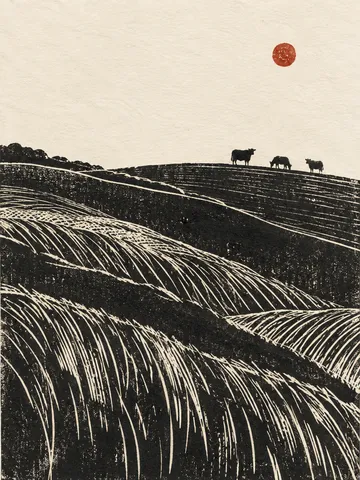 Three cows far away on a hillside in cream, charcoal, black, gray; portrait artwork.