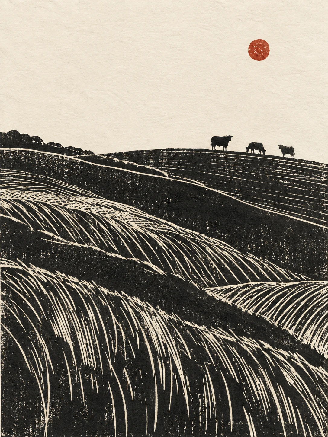 Three cows far away on a hillside in cream, charcoal, black, gray; portrait artwork.