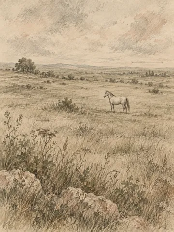 A single white horse standing small on a vast field in sand, cream, taupe, sage; portrait artwork.