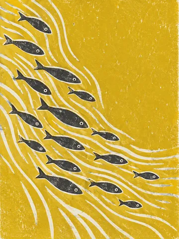 A school of small fish as a wave of marks in yellow, cream, olive; portrait artwork.
