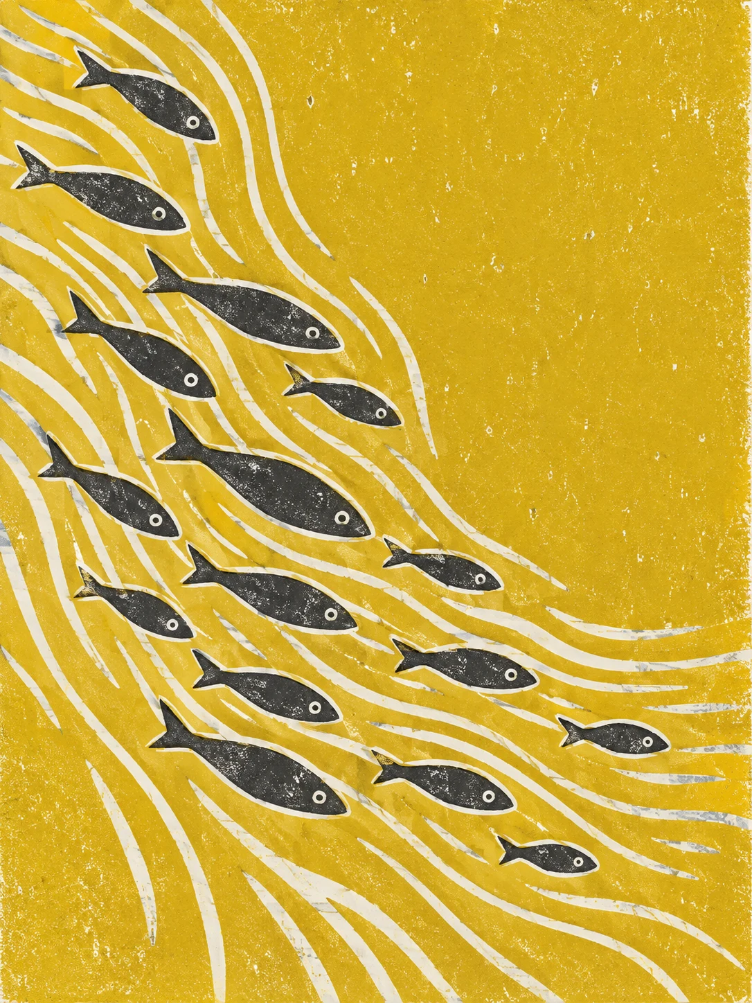A school of small fish as a wave of marks in yellow, cream, olive; portrait artwork.