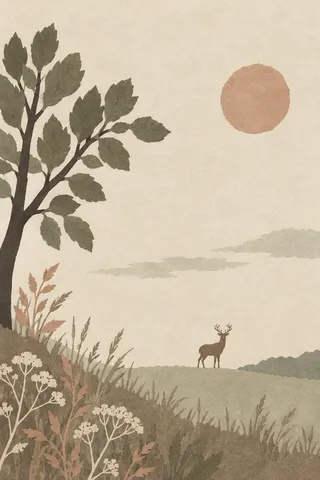 A lone deer at the far edge of a meadow in cream, sand, taupe, olive; portrait artwork.