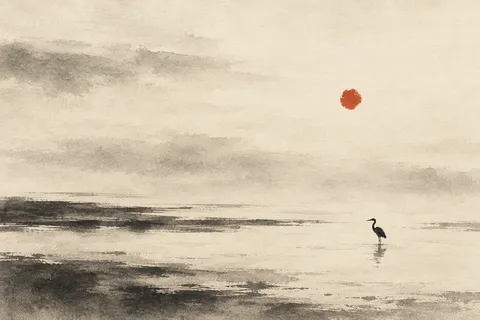 A heron standing in shallow water in cream, stone, olive, sand; landscape artwork.