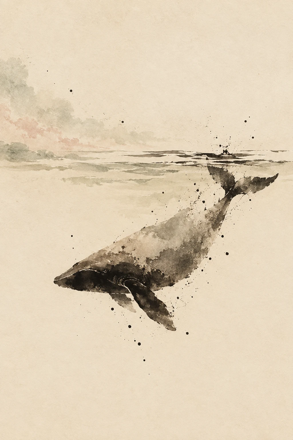 A whale as a single dark shape under a pale surface in cream, gray; portrait artwork.