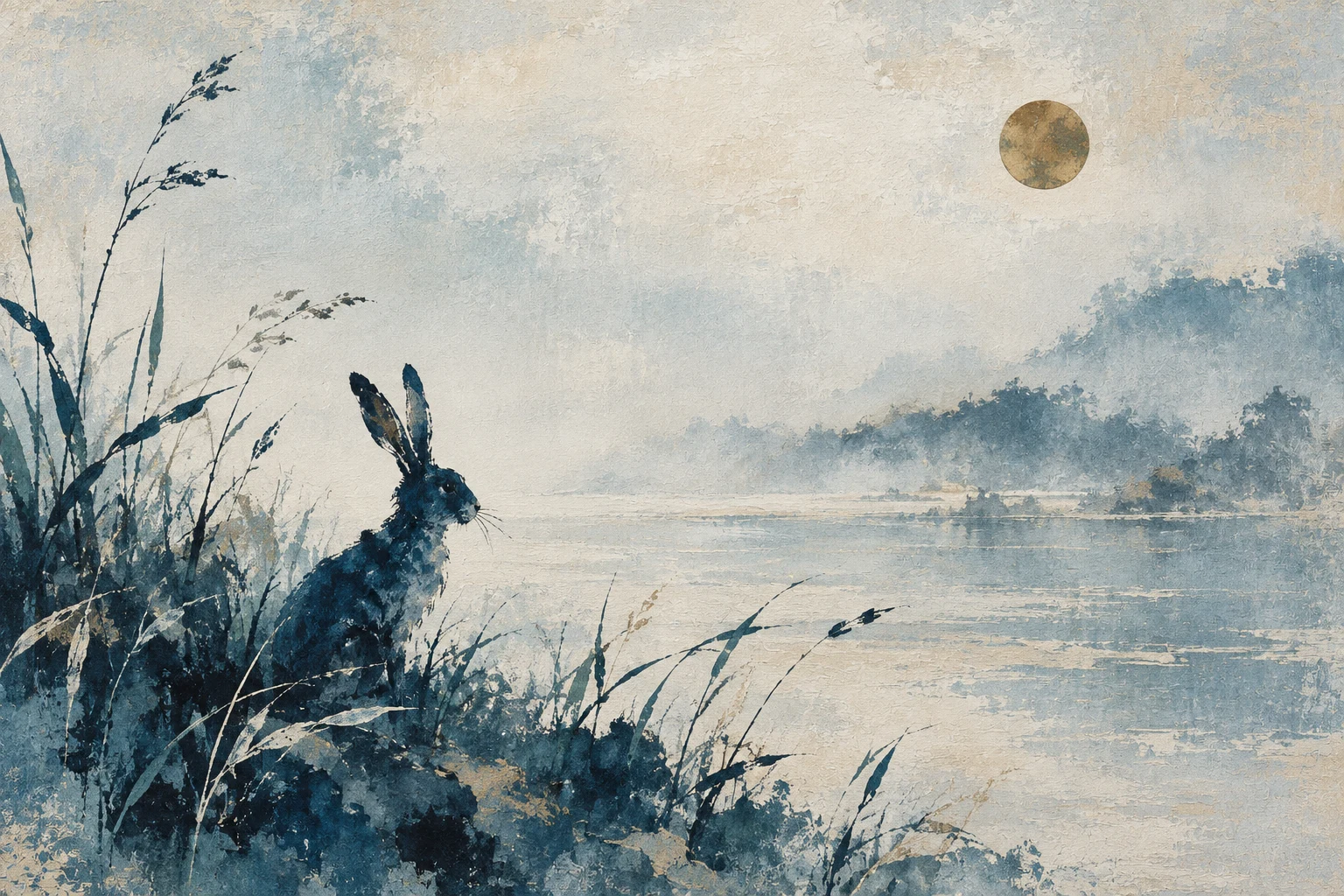 A hare sitting in tall grass in stone, cream, gray, navy; landscape artwork.