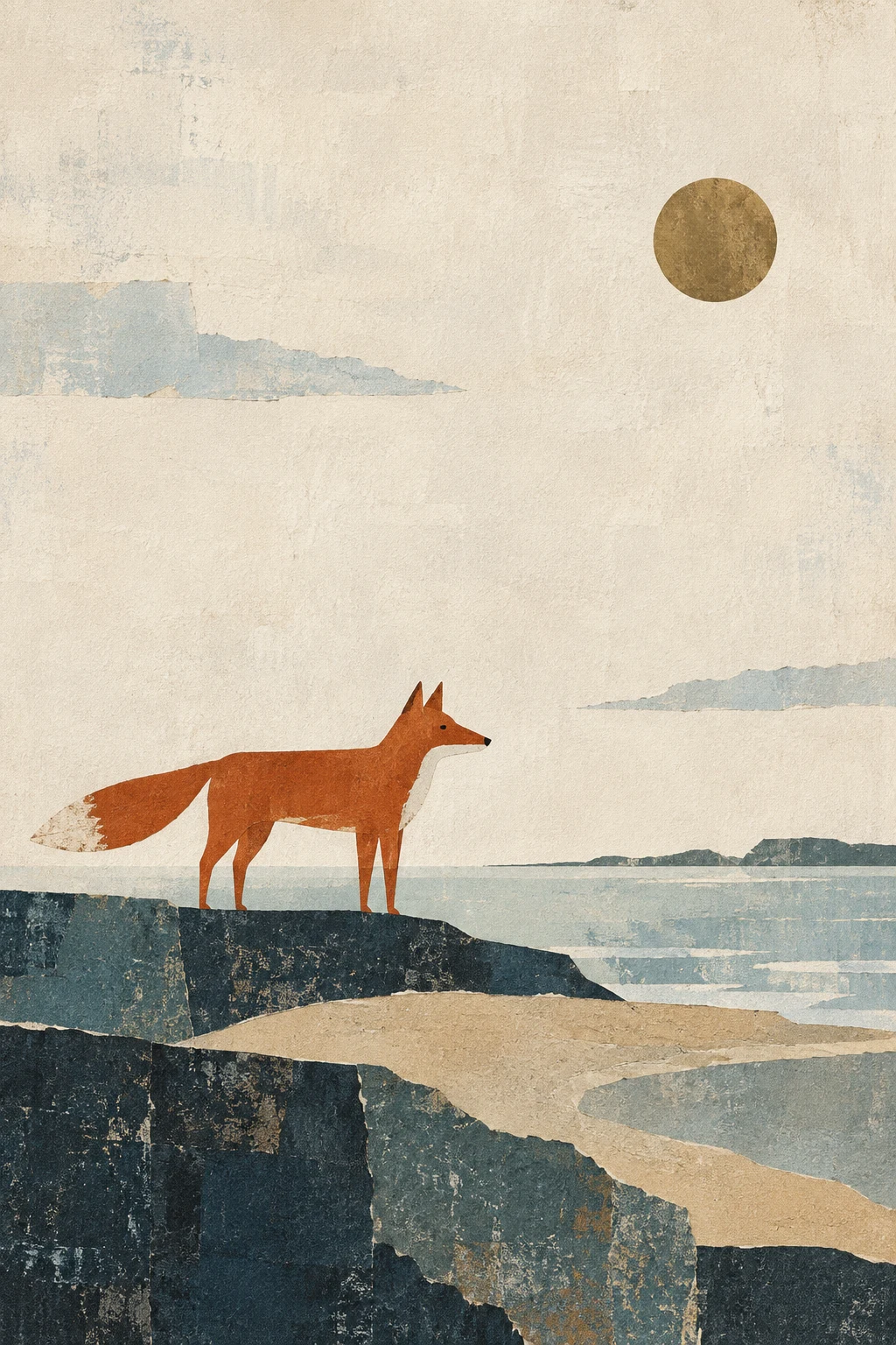 A fox as a rust silhouette on cream in cream, charcoal, sand, olive; portrait artwork.