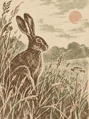 A hare sitting in tall grass in taupe, cream, stone, sage; portrait artwork.