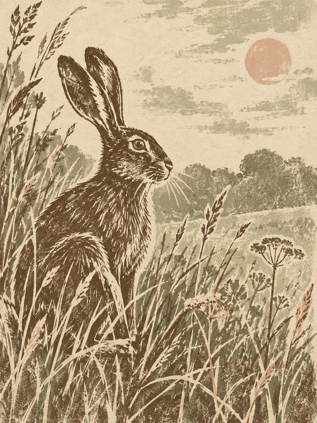 A hare sitting in tall grass in taupe, cream, stone, sage; portrait artwork.