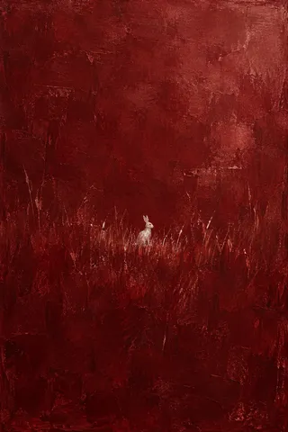 A hare sitting in tall grass in burgundy, black, rust; portrait artwork.