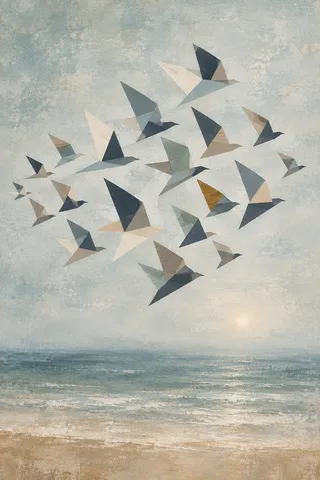 A flock of starlings as a soft cloud in stone, gray, cream; portrait artwork.