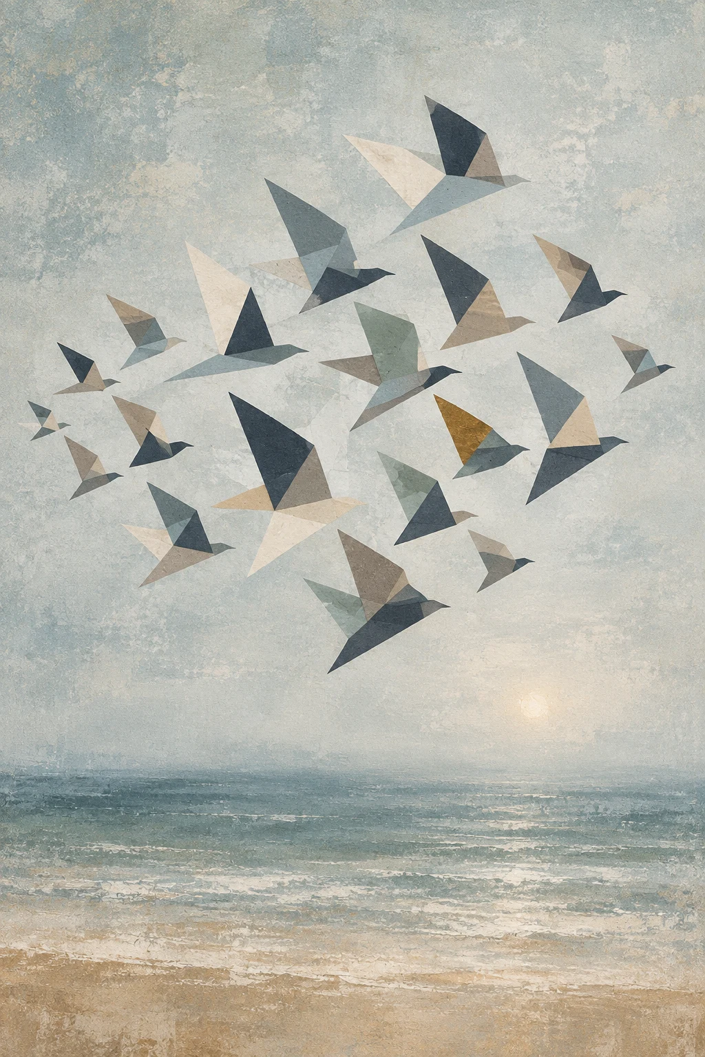 A flock of starlings as a soft cloud in stone, gray, cream; portrait artwork.