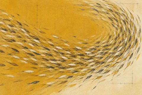 A school of small fish as a wave of marks in ochre, sand, orange, cream; landscape artwork.
