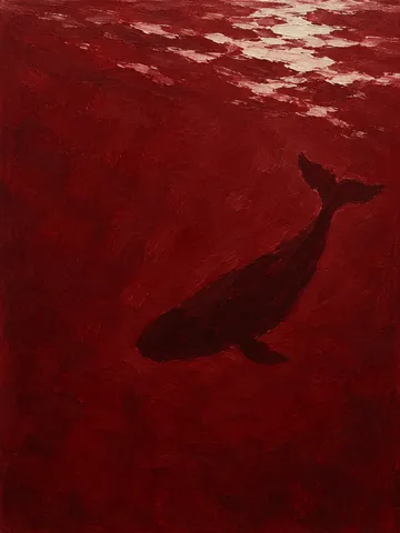 A whale as a single dark shape under a pale surface in burgundy, black, rust; portrait artwork.