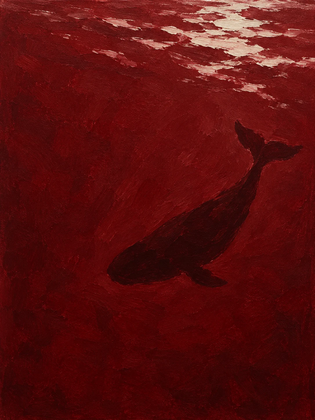 A whale as a single dark shape under a pale surface in burgundy, black, rust; portrait artwork.