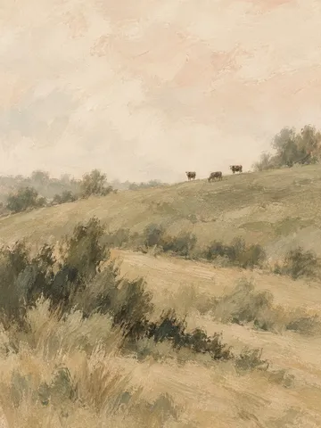 Three cows far away on a hillside in cream, sand, sage, taupe; portrait artwork.