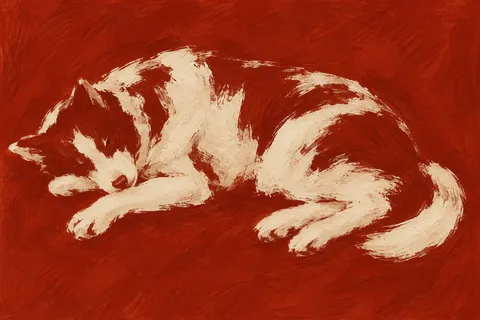 A sleeping dog drawn in a few lines in rust, cream, ochre; landscape artwork.