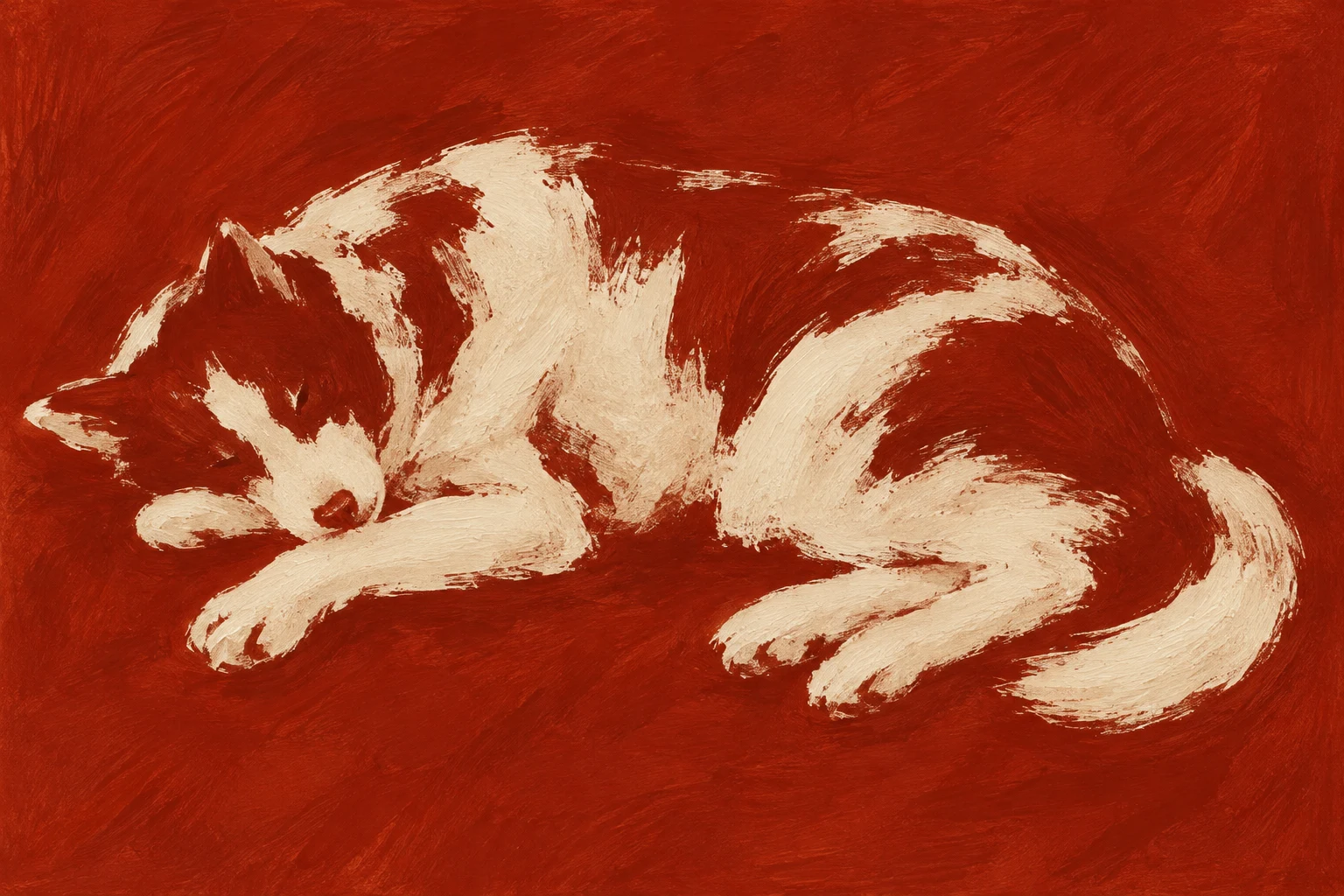 A sleeping dog drawn in a few lines in rust, cream, ochre; landscape artwork.