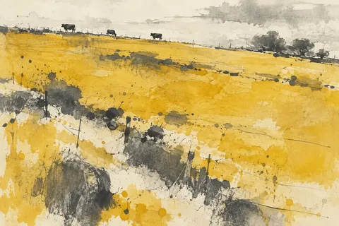Three cows far away on a hillside in yellow, cream, olive, stone; landscape artwork.