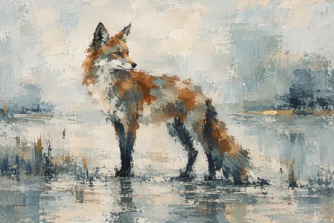 A fox as a rust silhouette on cream in stone, cream, gray, charcoal; landscape artwork.