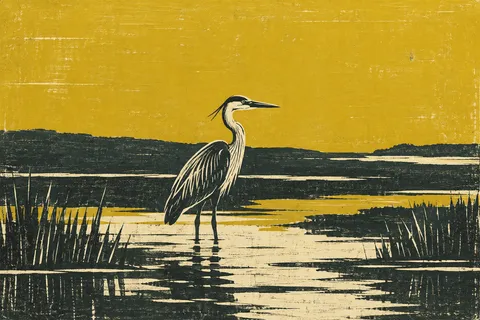 A heron standing in shallow water in yellow, charcoal, brown, ochre; landscape artwork.