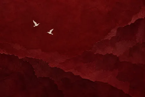 Two birds in flight, tiny, on a vast field in burgundy, black; landscape artwork.