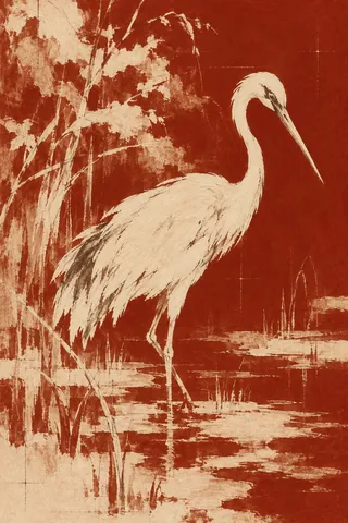 A crane in rust, cream, terracotta, sand; portrait artwork.