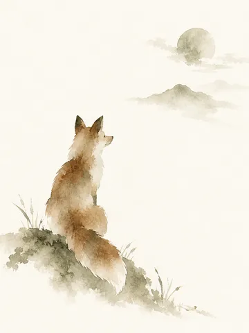 A fox as a rust silhouette on cream in white, sand; portrait artwork.