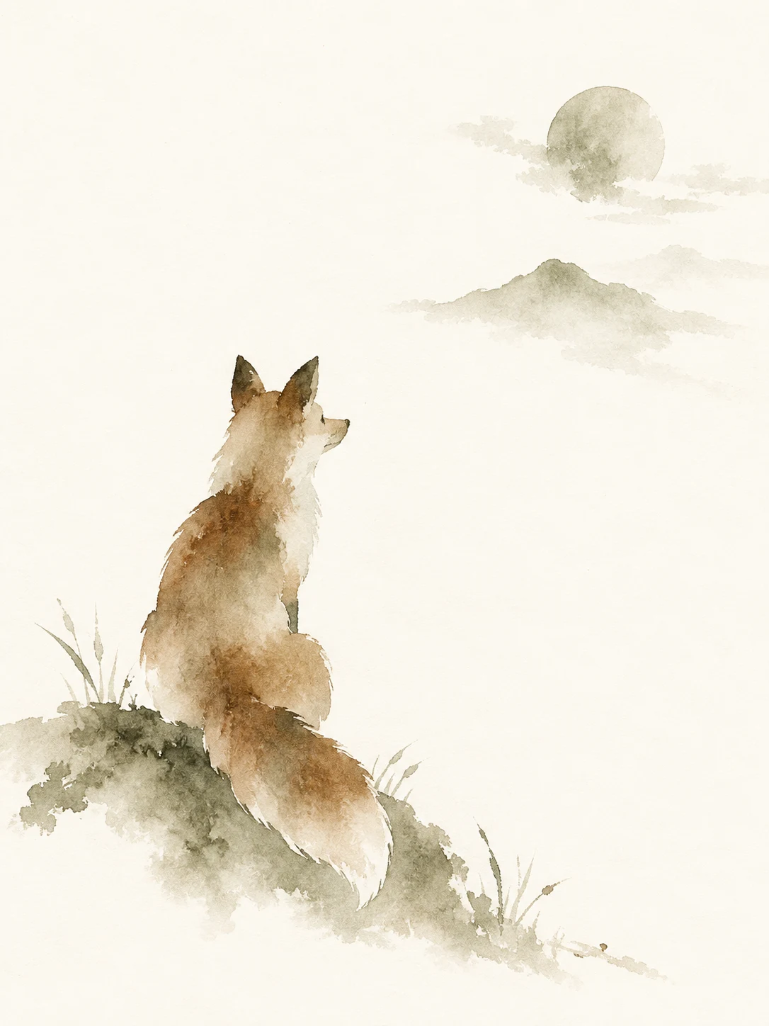 A fox as a rust silhouette on cream in white, sand; portrait artwork.