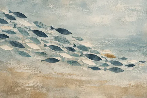 A school of small fish as a wave of marks in stone, gray, cream; landscape artwork.