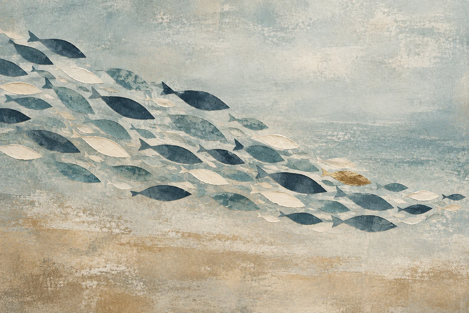 A school of small fish as a wave of marks in stone, gray, cream; landscape artwork.