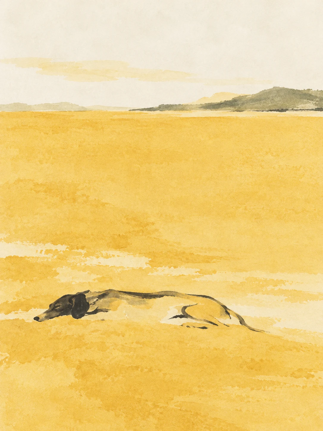 A sleeping dog drawn in a few lines in yellow, white, cream, sand; portrait artwork.