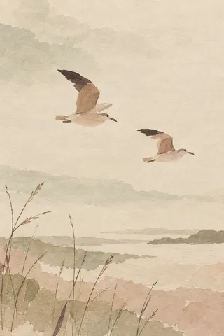 Two birds in flight, tiny, on a vast field in cream, stone, sand; portrait artwork.