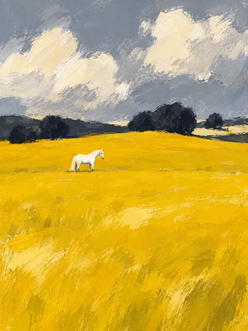A single white horse standing small on a vast field in yellow, sage, cream, charcoal; portrait artwork.