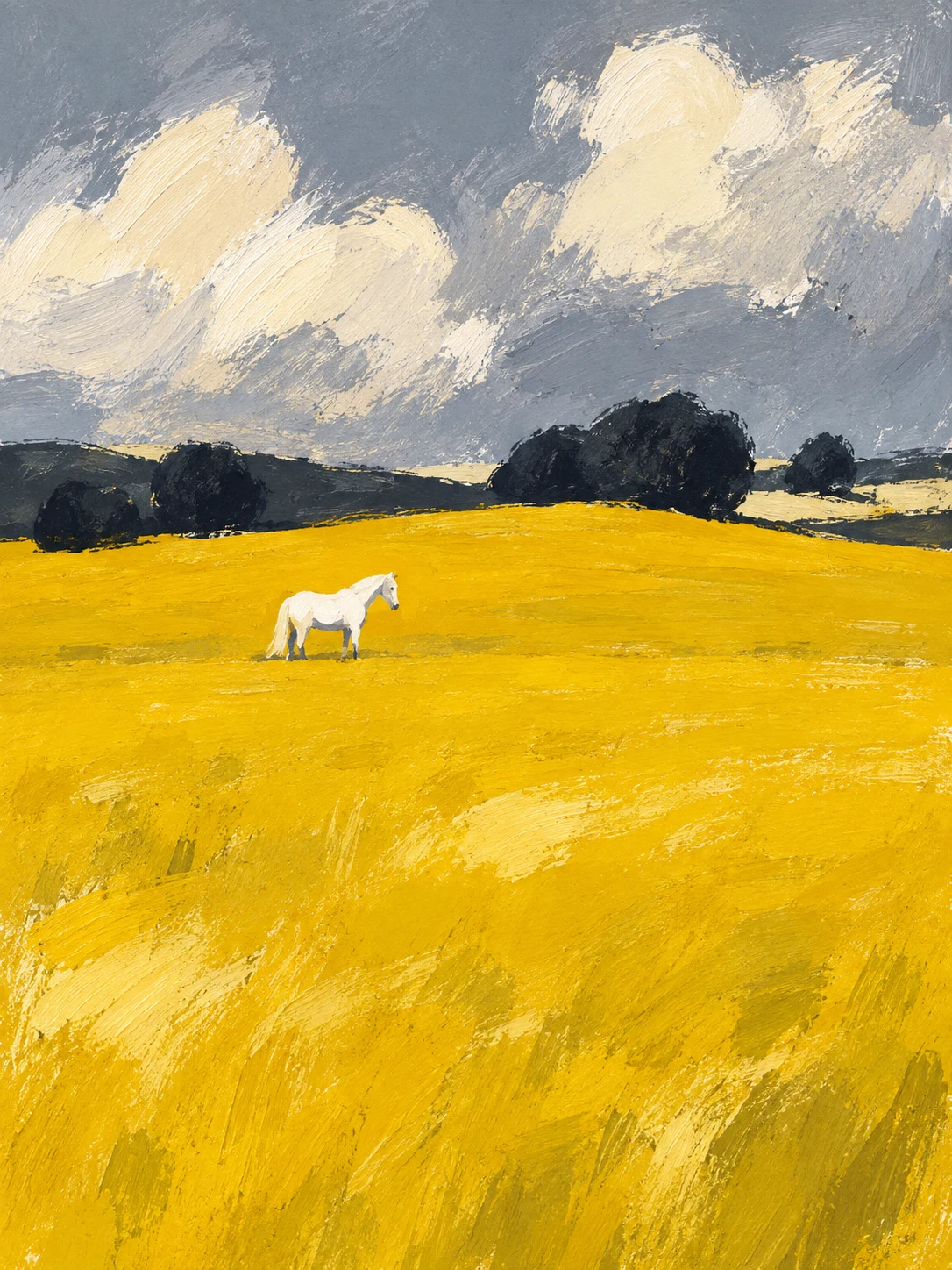 A single white horse standing small on a vast field in yellow, sage, cream, charcoal; portrait artwork.