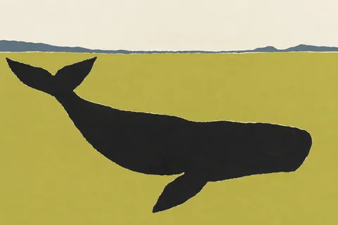 A whale as a single dark shape under a pale surface in sand, white, black, sage; landscape artwork.