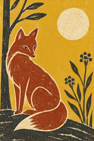 A fox as a rust silhouette on cream in yellow, rust, charcoal, taupe; portrait artwork.