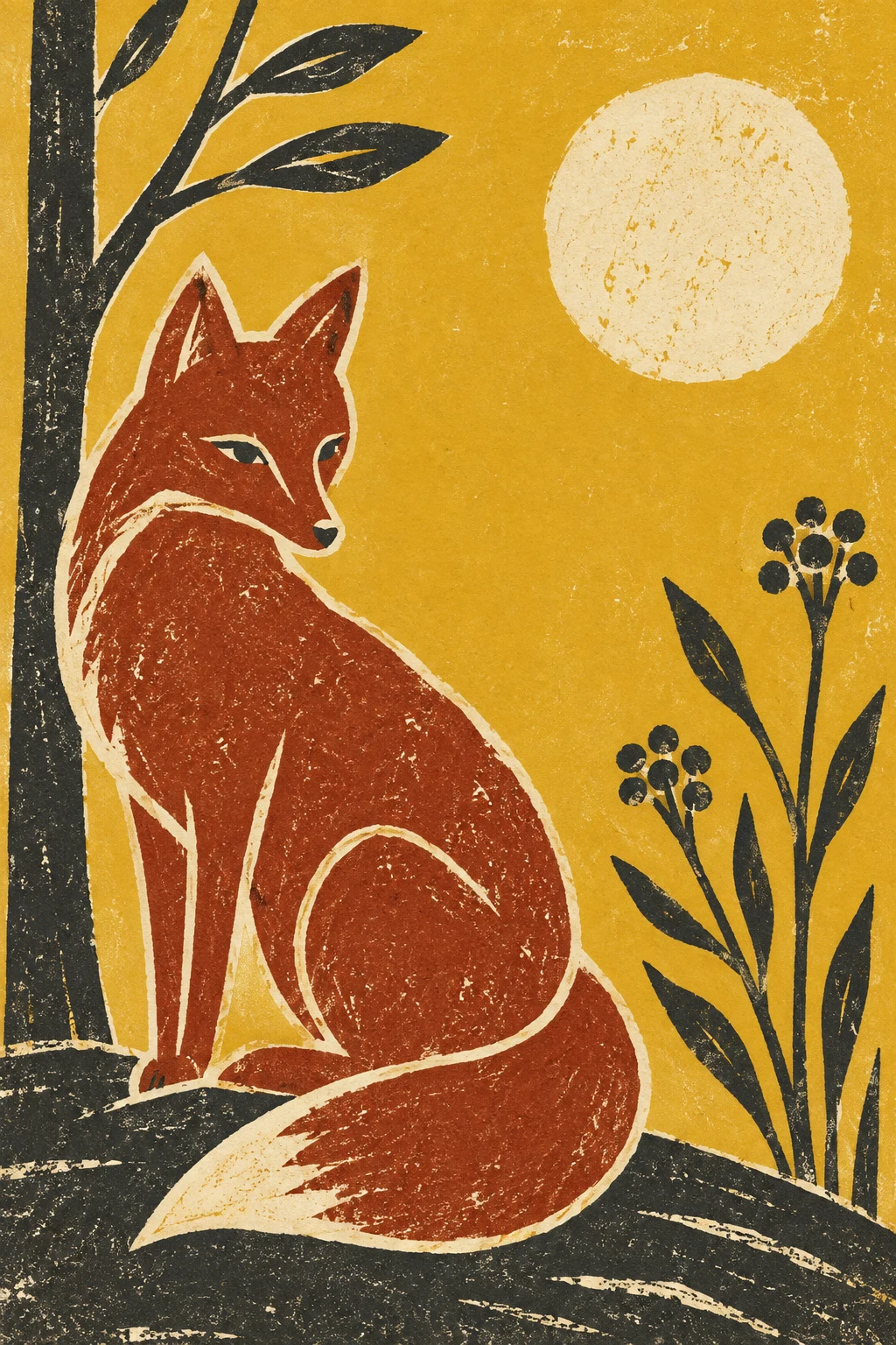 A fox as a rust silhouette on cream in yellow, rust, charcoal, taupe; portrait artwork.